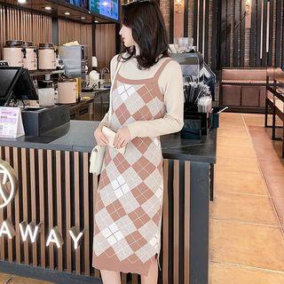 High Neck Long Sleeve Knit Top / Argyle Knit Pinafore Dress