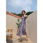 Sleeveless Pleated Deep-slit Foliage Long Dress