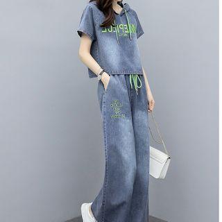 Set: Short-sleeve Lettering Print Denim Hoodie + Wide Leg Jeans
