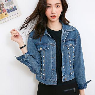 Faux Pearl Cropped Denim Jacket