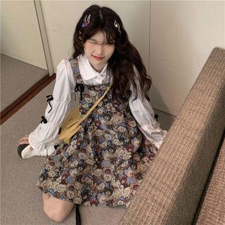 Bear Print Overall Dress / Plain Blouse