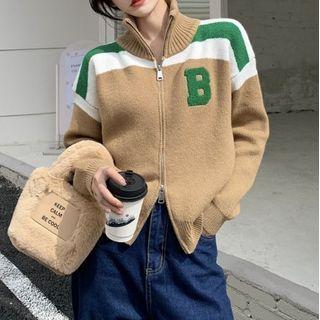 Lettering Color Block Zip Cardigan