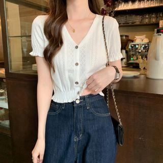 Short-sleeve Cutout Buttoned Cropped Knit Top