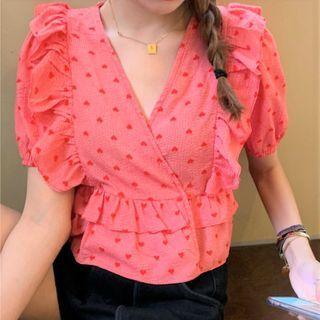 Puff-sleeve Heart Print Frill Trim Top Red - One Size