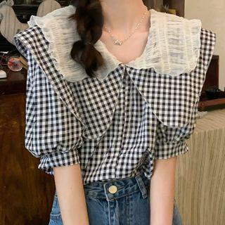 Plaid Peter Pan Collar Puff-sleeve Top
