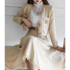Set: Fray-edge Cropped Tweed Jacket + Maxi Flare Skirt