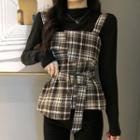 Asymmetrical Belted Plaid Camisole Top / Long-sleeve Mock-neck Top