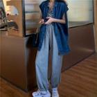 Denim Vest / Sweatpants / Spaghetti Strap Zebra Print Top