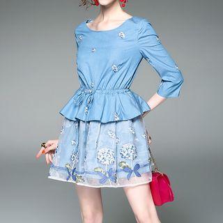 Embroidered Peplum 3/4-sleeve Dress