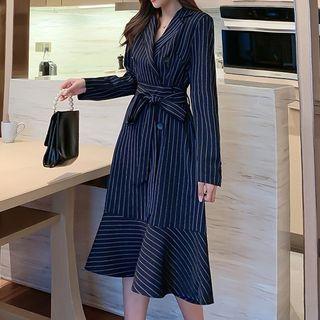 Striped Collared Long-sleeve Midi A-line Dress