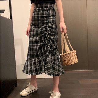 Plaid Drawcord Midi Mermaid Skirt