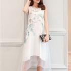 Printed Frog-button Sleeveless A-line Dress