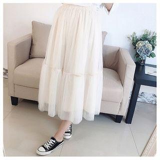 Tiered A-line Midi Mesh Skirt