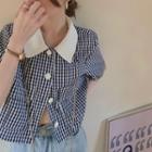 Elbow-sleeve Collared Gingham Blouse Plaid - Black & White - One Size