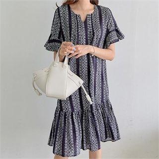 Ruffle-trim Patterned Dress Navy Blue - One Size