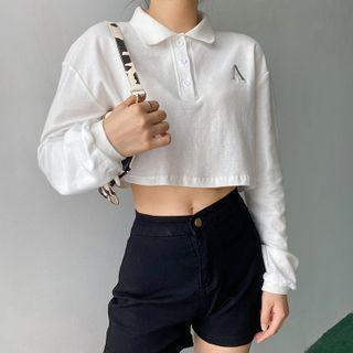 Letter Embroidered Polo-neck Cropped Sweatshirt