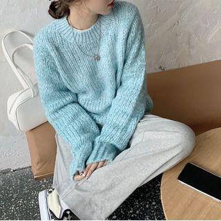 Long-sleeve Round-neck Sweater Blue - One Size