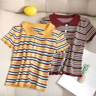 Lapel Color Block Striped Knit Top