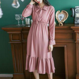 Long-sleeve Ruffle Hem Midi A-line Dress