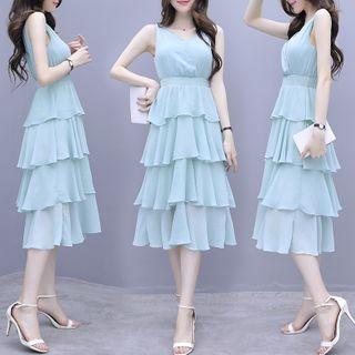 Sleeveless Layered Midi A-line Chiffon Dress