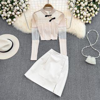 Set: Long Sleeve Mesh Panel Top + Faux Leather Mini Skirt
