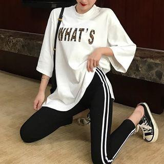 3/4-sleeve Lettering T-shirt / Contrast Trim Leggings