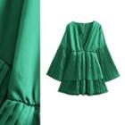 Bell-sleeve V-neck Pleated Tiered Mini A-line Dress