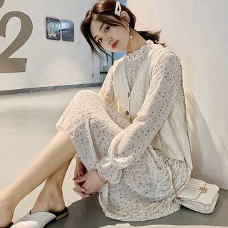 Floral Long-sleeve Midi Pleated Dress / Knit Vest
