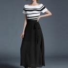 Set: Striped Off Shoulder Short Sleeve Knit Top + Midi Flared Skirt