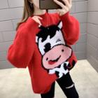 Cow Print Mock-neck Sweater Red - One Size