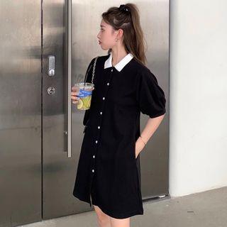 Puff-sleeve Knit A-line Mini Shirtdress
