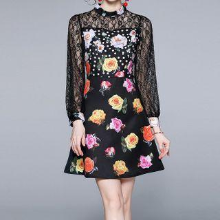 Long-sleeve Lace Panel Flower Print Mini A-line Dress