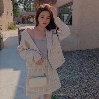 Set: Double Breasted Plaid Jacket + Mini Skirt