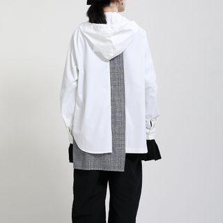 Irregular Plaid Panel Hooded Shirt Jacket