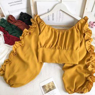 Off-shoulder Ruffle-trim Crop Top In 6 Colors