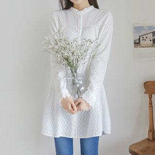 Frill-neck Laced Embroidered Mini Shirtdress