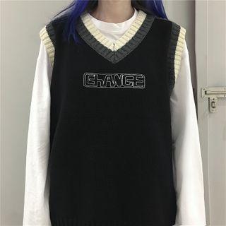 Contrast Stripe V-neck Lettering Knit Top
