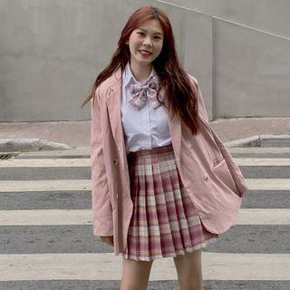 Plaid Pleated Skirt / Bow Tie Shirt