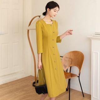 Square-neck Button-trim Midi Dress