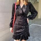 Long-sleeve Ruched Velvet Mini A-line Dress