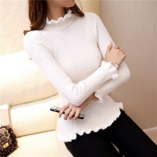 Frilled Edge Mock Neck Knit Top