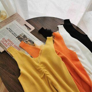 Ruched Lace Trim Knit Tank Top