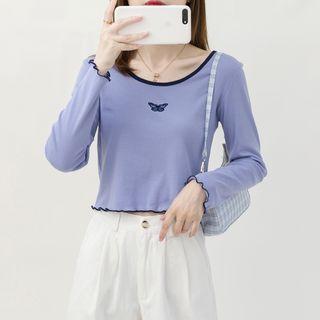 Butterfly Embroidered Long-sleeve Cropped T-shirt