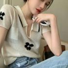 Short-sleeve Collar Flower Print Knit Top White - One Size