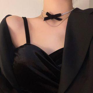 Bow Velvet Layered Choker Silver & Black - One Size