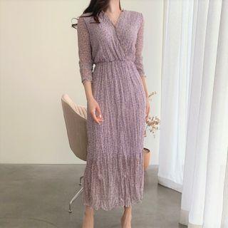 3/4-sleeve Floral Print Midi Mermaid Dress Purple - One Size