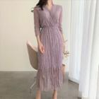 3/4-sleeve Floral Print Midi Mermaid Dress Purple - One Size