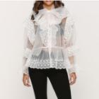 Lace Trim Bow Accent Long-sleeve Blouse