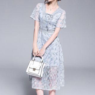 Lace Short Sleeve Midi Dress As Shown In Figure - L