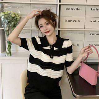 Short-sleeve Striped Knit Polo Shirt Stripes - Black & White - One Size